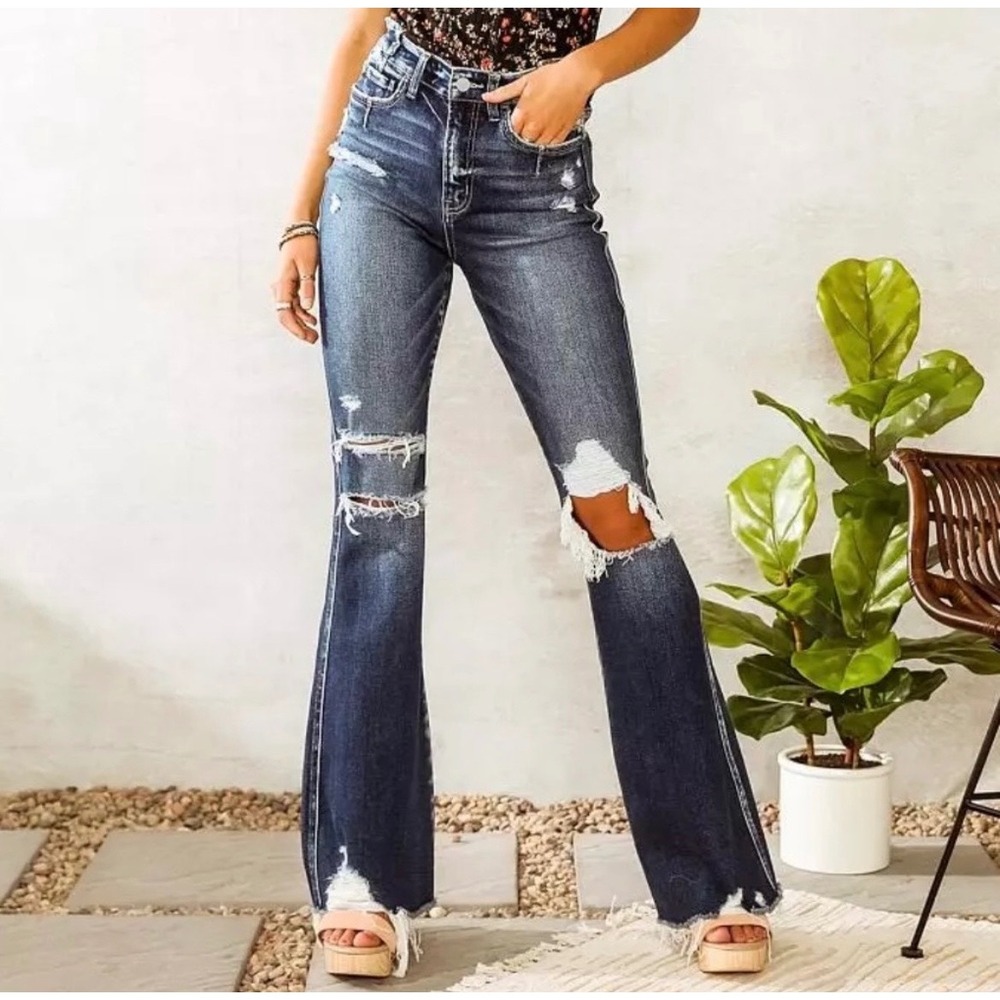 Flying Monkey Flare Jeans Women 26 Dark Wash Distressed High Rise Raw Hem